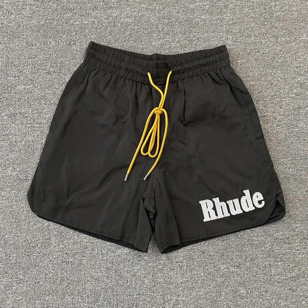 Rhude Classic Spellout Nylon Black Shorts W/ Extended Drawstrings